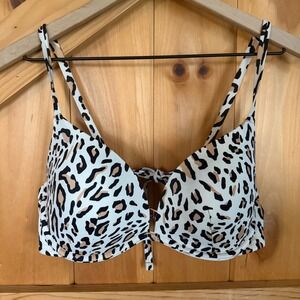 Shade & Shore Leopard Bikini Top 34D White Tan Underwire Padded Animal Print